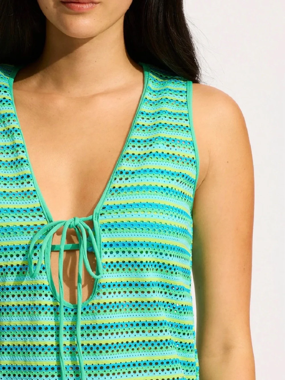 Seafolly Green Teal Striped Crochet Swim Coverup